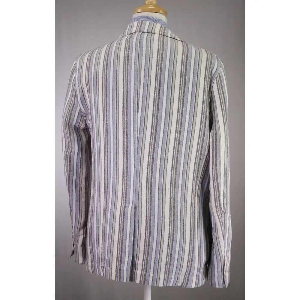 Barbati Blue Brown White Striped Patch Pocket Terry Cotton 2B Blazer Jacket 42R